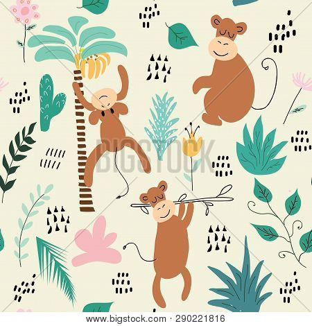 Childish Jungle Texture With Monkeys And Jungle Elements. Seamless Pattern Vector Illustration