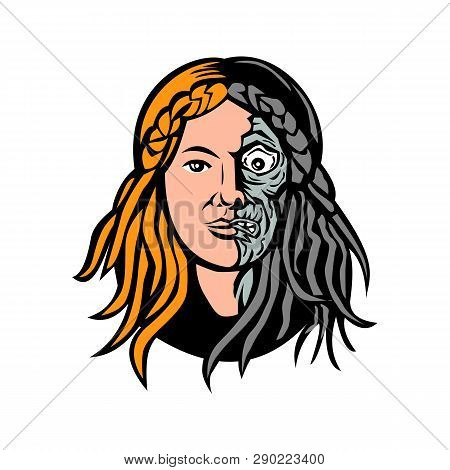 Mascot Icon Illustration Of Head Of Hel, Norse Goddess Of Death And The Underworld, With Face That I