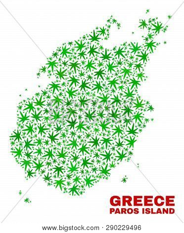 Vector Cannabis Paros Island Map Mosaic. Concept With Green Weed Leaves For Cannabis Legalize Campai