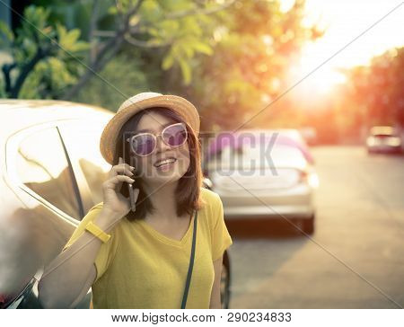 Face Of Happiness Emotion Woman Talking On Mobile Phone Standing On City Street Side