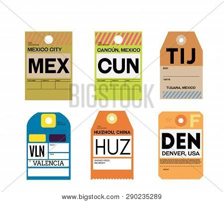 Mexico City Cancun Tijuana Valencia Huizhou Denver Airline Baggage Tags Flat Illustration.