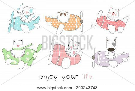 Cute Baby Animal With Plane Cartoon Hand Drawn Style,for Printing,card, T Shirt,banner,product.vecto