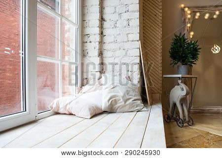 Bright Studio Interior With Big Window, High Ceiling, Wooden Floor.loft Style Bedroom Interior Desig