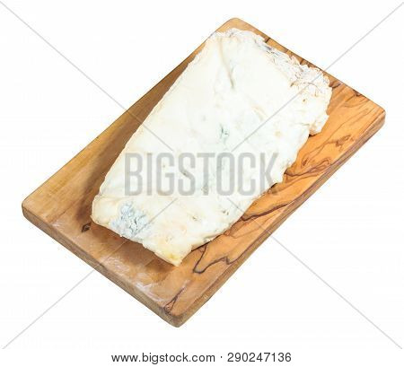 Local Italian Gorgonzola Soft Blue Cheese On Olive Wood Cutting Board Isolated On White Background