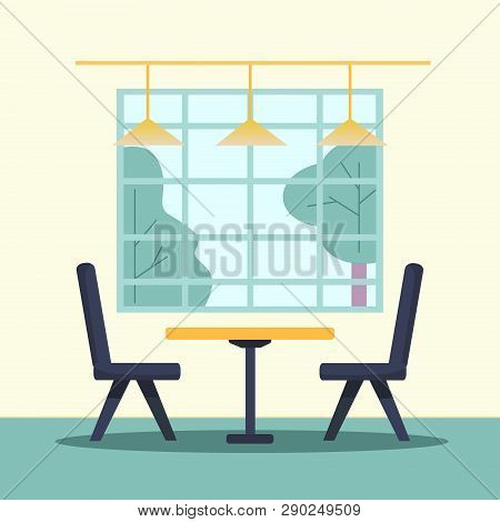 Vector Illustration With The Empty Interior Of A Cafe, Restaraunt. Place With Big Window, Lamps, Tab