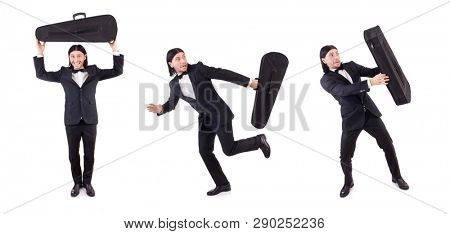 Man with violin case isolated on white