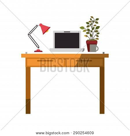 Colorful Graphic Without Contour And Shading Of Work Place Office Interior With Laptop Computer And 