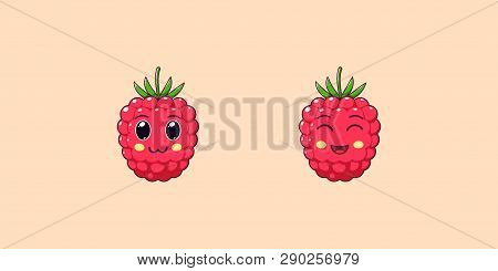 Cute Kawaii Raspberry, Cartoon Ripe Fruit. Vector Illustration Of Cartoon Sweet Raspberry With Charm