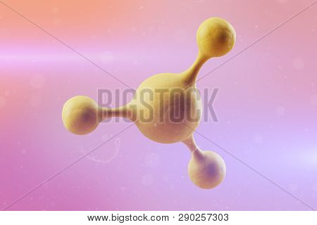 Model Of A Yellow Molecule On A Pink Background. 3d Rendering