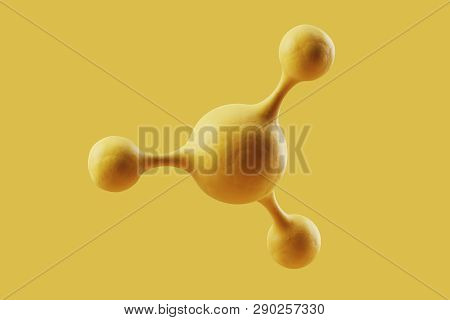 Model Of A Molecule On A Yellow Background. Science And Medical Education With Molecules And Atoms. 