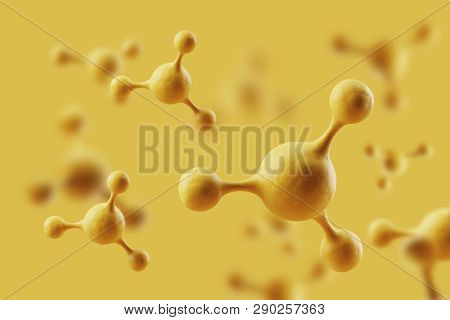 Models Of Molecules On A Yellow Background. Scientific And Medical Background With Molecules Or Atom