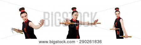 Funny woman with nunchucks isolated on white