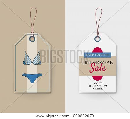 Cardboard Price Tag With Lingerie. Blue Bras And Knickers On Paper Label. Ladies Underwear Shop Vect