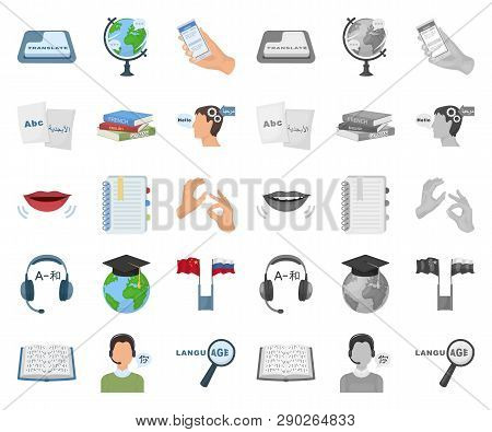 Translator And Linguist Cartoon, Mono Icons In Set Collection For Design. Interpreter Vector Symbol 