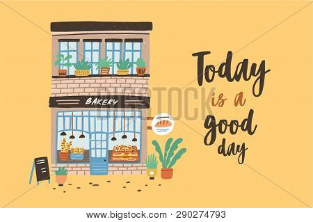 Card Template With Facade Of Two-story Bakery, Bakehouse Or Bakeshop. Poster With Building On City S