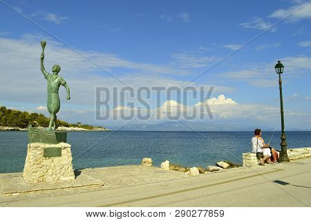 Antipaxos, Greece - October 01, 2017 : A Statue Of Pyropolitis A Hero In The Greek Revolution, With 