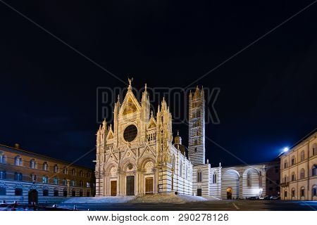 The Cathedral Of Siena In Tuscany By Night