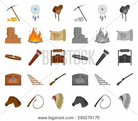 Attributes Of The Wild West Cartoon, Mono Icons In Set Collection For Design.texas And America Vecto