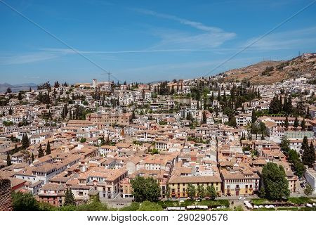 Cityscape View Of The Albayzin From Alhambra Palace. Granada, Andalusia, Spain. Unesco World Heritag