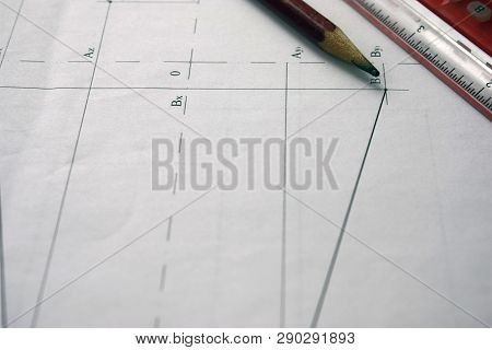 Preparation For Drafting Documents, Drawings, Tools And Diagrams On The Table.