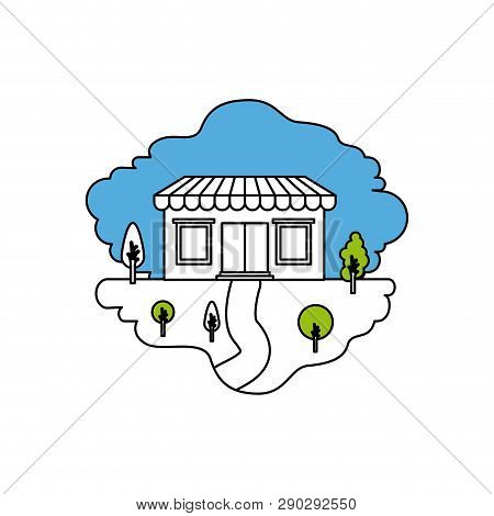 Color Sections Silhouette Scene Of Natural Landscape And Store With Awning Vector Illustration