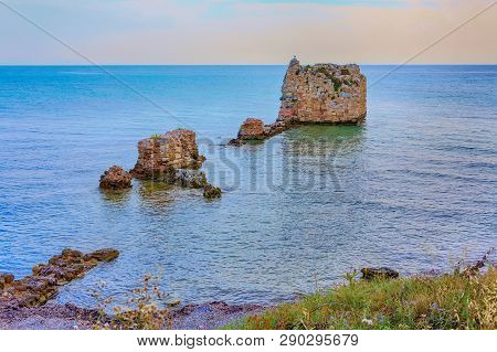 Sea Bay And Old Ruins In Nea Potidea Or Nea Poteidea In Peninsula Kassandra, Halkidiki, Greece