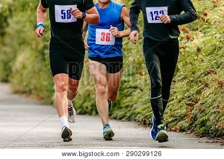 Three Middle-aged Male Runners Running In Park Marathon