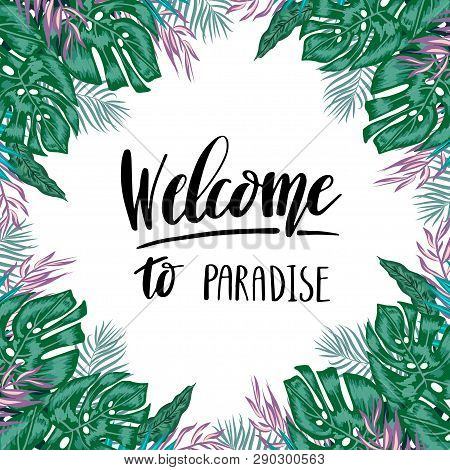 Green Summer Tropical Background With Exotic Palm Leaves And Flowers. Vector Floral Background With 
