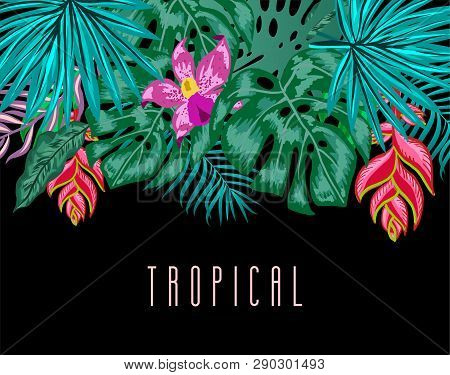 Green Summer Tropical Background With Exotic Palm Leaves, Hibiscus, Orchid And Heliconia Flowers, Pl