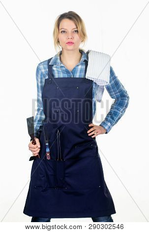 Picnic And Barbecue. Cooking Meat In Park. Barbecue Master. Grilling Food. Woman Checkered Shirt And