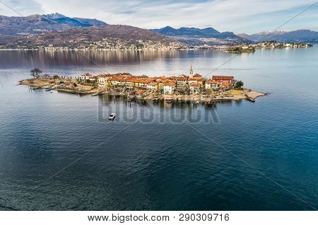 Aerial View Of Fishermens Island Or Isola Dei Pescatori At Lake Maggiore, Is One Of The Borromean Is