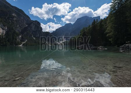 View Of The Braies Lake ( Pragser Wildsee, Also Called Lago Di Braies Or Lake Prags ) In Dolomites M