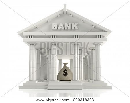 3D render of classic Bank columnar building with money bag inside on white
