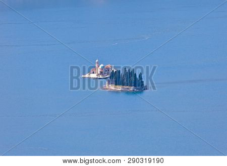 Saint George Benedictian monastery on St. George island Ostrvo Sveti Dorde. Near coast of Perast town at Kotor bay. Montenegro.