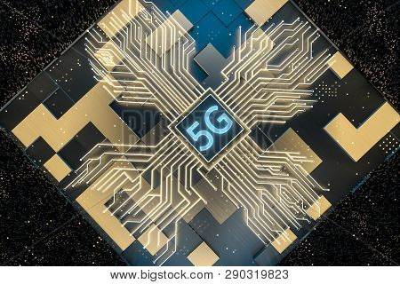 3D Rendering, 5G Font And Circuit Background