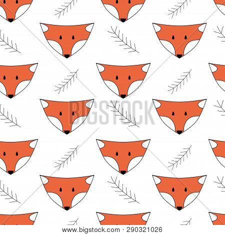 Seamless Pattern With Cute Fox, And Sprigs.