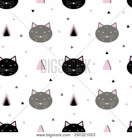 Seamless Cute Cats Scandinavian Pattern. Vector Illustration