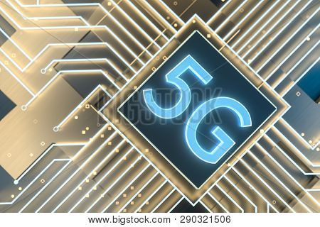 3D Rendering, 5G Font And Circuit Background
