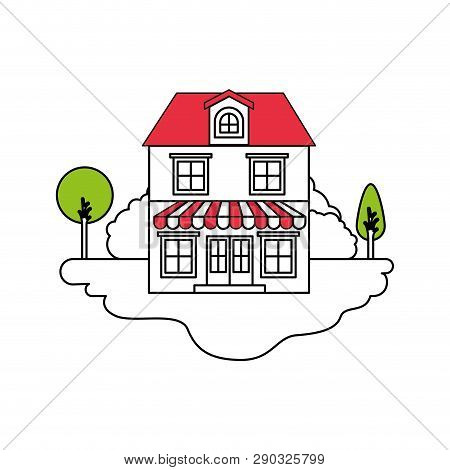 Color Sections Silhouette Scene Of Outdoor Landscape And House With Two Floors With Attic And Awning