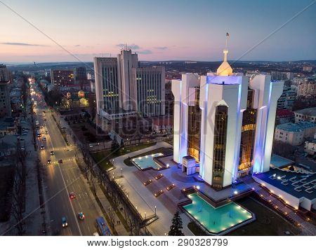 Presidency Building With Lights At Night In Chisinau With Purple Sky, Moldova