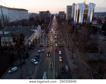 Stefan Cel Mare Central Boulevard At Sunset In Chisinau With Cars, Moldova