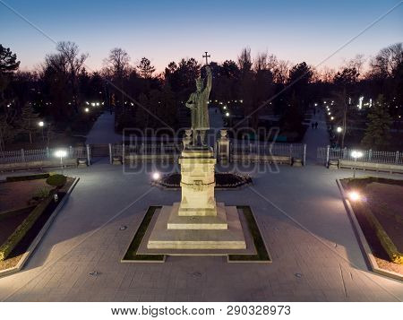 Stefan Cel Mare Monument In Central Park In Chisinau At Night, Moldova