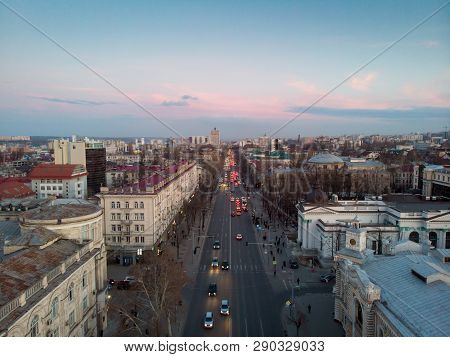 Stefan Cel Mare Central Boulevard At Sunset In Chisinau, Moldova