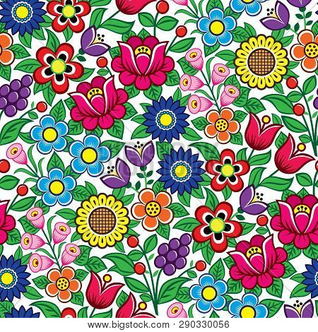 Floral Seamless Polish Folk Art Vector Pattern - Traditional Design With Flowers And Leaves From Zal