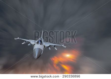 Military Fighter Flying At High Speed Amid Smoke And Explosion