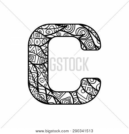 Vector Character From Latin Alphabet With Ornate Ornament. Letter For Colorig Book.