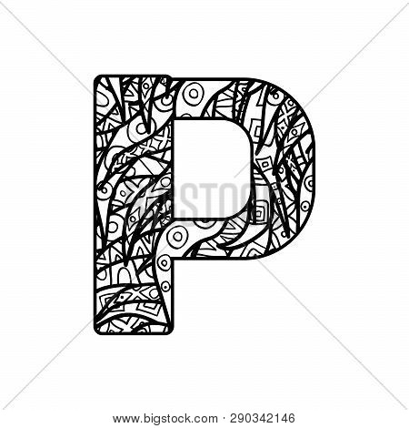 Vector Character From Latin Alphabet With Ornate Ornament. Letter For Colorig Book.