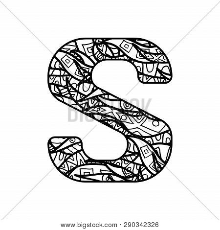Vector Character From Latin Alphabet With Ornate Ornament. Letter For Colorig Book.