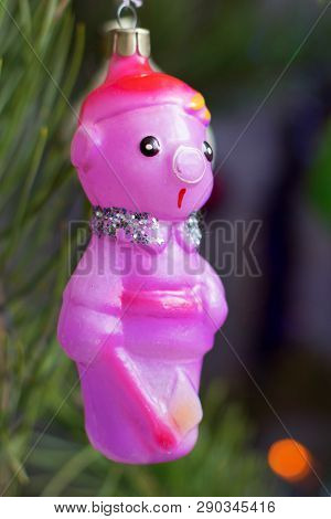 Strange Vintage Christmas Tree Toy Woodcutter Of Glass At Night Closeup Colorful