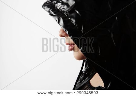 Portrait Of Fashion Beautiful Brunette Girl Wearing Black Leather Jacket With Fresh Daily Makeup Pos